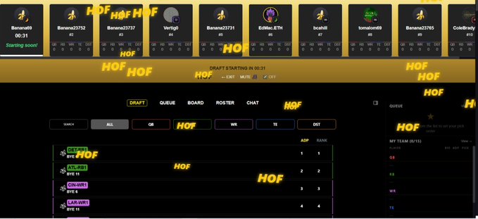 A fantasy football draft interface showing team positions (QB, ATL, WR, LAR) and player slots with 'HOF' watermark overlays and 'DRAFT STARTING IN 00:31' countdown.