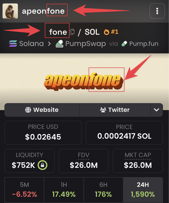 The image shows a Solana-based memecoin token page on PumpSwap displaying "$fone" at $0.02645 USD with a market cap of $26.0M, launched via Pump.fun. The page highlights the word "apeonfone" in the project name, which relates to the post's claim that the token's branding incorrectly depicts a monkey as an "ape" and misspells "phone" as "fone" — arguing these errors justify creating a corrected "vamp" version.