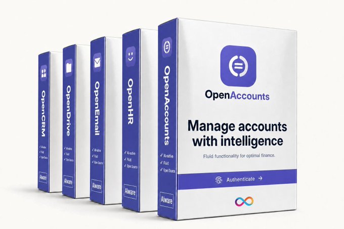 A promotional image displays a lineup of software product boxes including OpenCRM, OpenDrive, OpenEmail, OpenHR, and the featured OpenAccounts, which is advertised with the tagline 'Manage accounts with intelligence'.