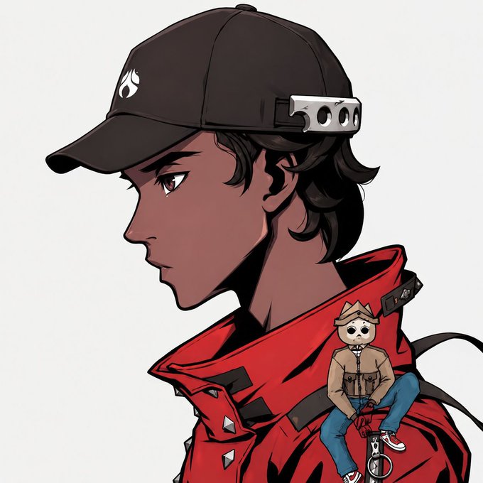 An anime-style illustration showing a side profile of a person in a red jacket and black cap with a small figure sitting on their shoulder.