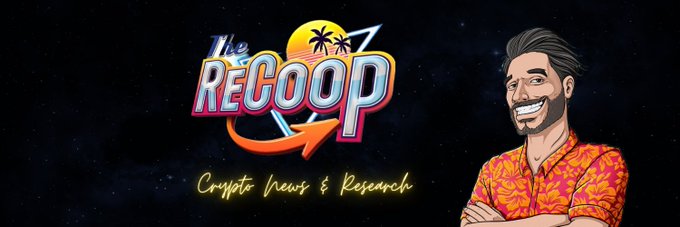 Logo/branding graphic for 'The Recoop' featuring a cartoon avatar of a bearded man in a Hawaiian shirt, promoting 'Crypto News & Research' with a retro sunset and palm tree design.