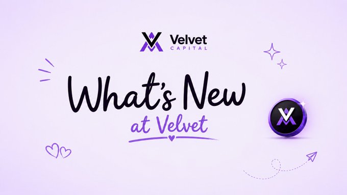 A light purple graphic features the 'Velvet Capital' logo at the top, with the text 'What's New at Velvet' in a handwritten-style font, decorated with sparkles, hearts, and a purple circular logo.