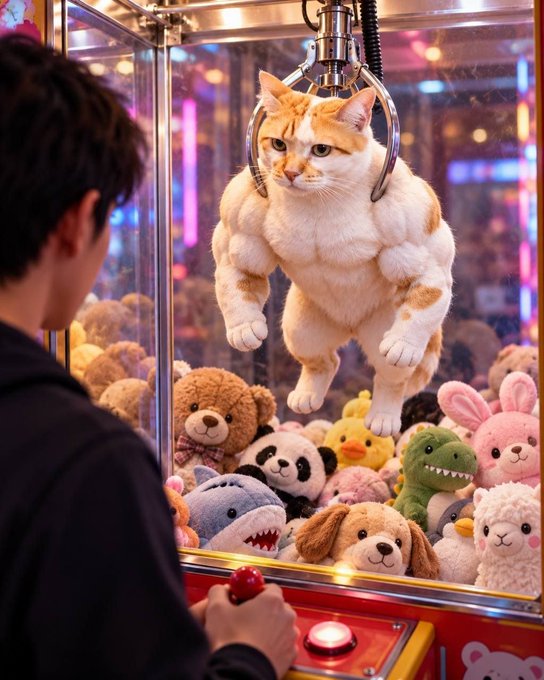 A muscular, anthropomorphic orange and white cat suspended by a mechanical claw inside an arcade claw machine filled with plush toys, while a young man operates the controls.