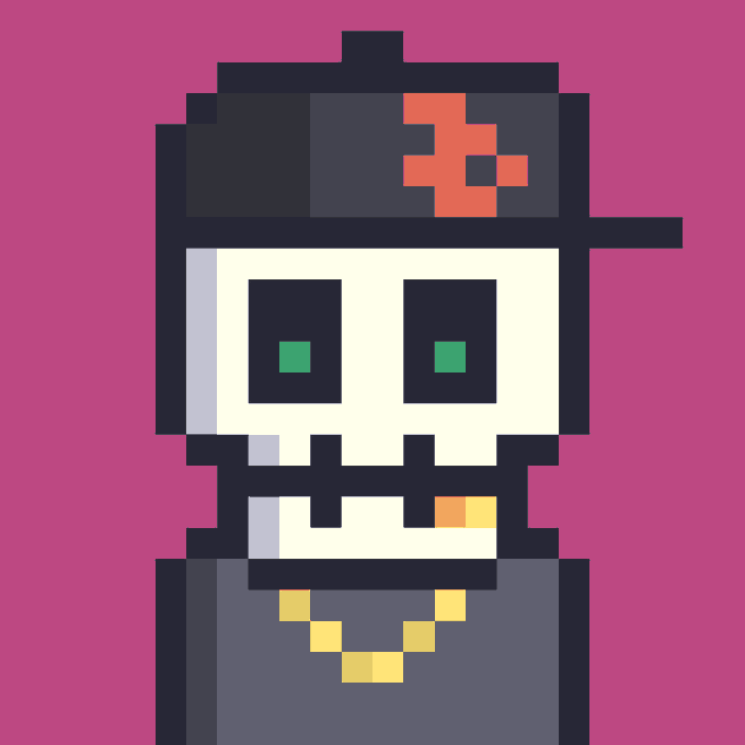 A pixel art character featuring a skull-like face with green eyes, wearing a black cap with a red cross design and a gold chain necklace, set against a solid pink/magenta background.