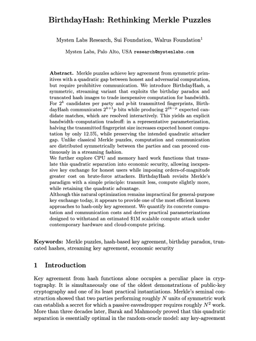 The image shows the first page of an academic paper titled "BirthdayHash: Rethinking Merkle Puzzles" by Mysten Labs Research, Sui Foundation, and Walrus Foundation. The paper introduces a symmetric streaming variant of Merkle puzzles that uses truncated hash images and the birthday paradox to reduce bandwidth from 2^57 to 2^57 bits while producing 2^57 expected candidate matches, achieving an explicit bandwidth-computation tradeoff.