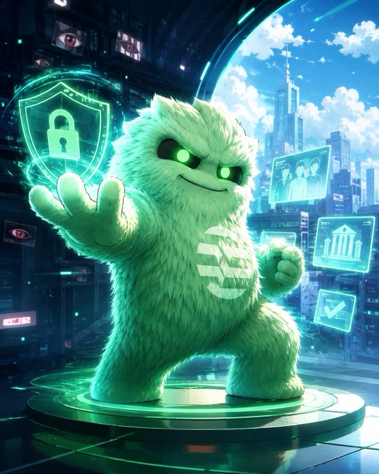 Digital illustration of a fluffy green monster character holding up a glowing padlock shield in a futuristic sci-fi cityscape.