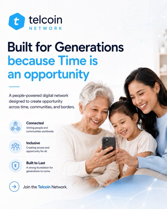 The image features a poster with three women, an older woman and two children, sitting together looking at a cell phone screen. The text on the poster reads "Telcoin Network Built for Generations because Time is an opportunity" which suggests that the poster promotes the idea of using technology to connect people across generations.