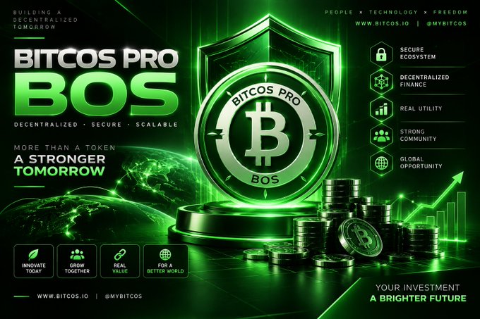 Promotional graphic for 'BITCOS PRO BOS' cryptocurrency token featuring a green shield with Bitcoin symbol, listing features like 'SECURE ECOSYSTEM,' 'DECENTRALIZED FINANCE,' and 'REAL UTILITY,' with website www.bitcos.io.