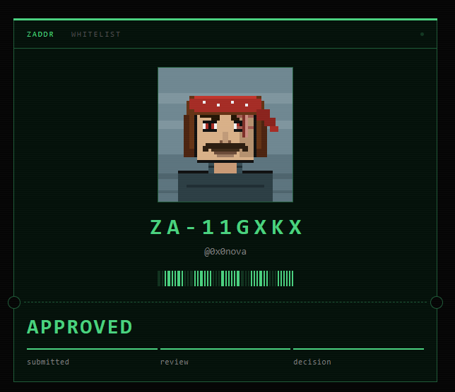 A ZADDR whitelist approval screen showing a pixel art pirate character with a red bandana, the code "ZA-11GXKX" by @0x0nova, marked as "APPROVED".