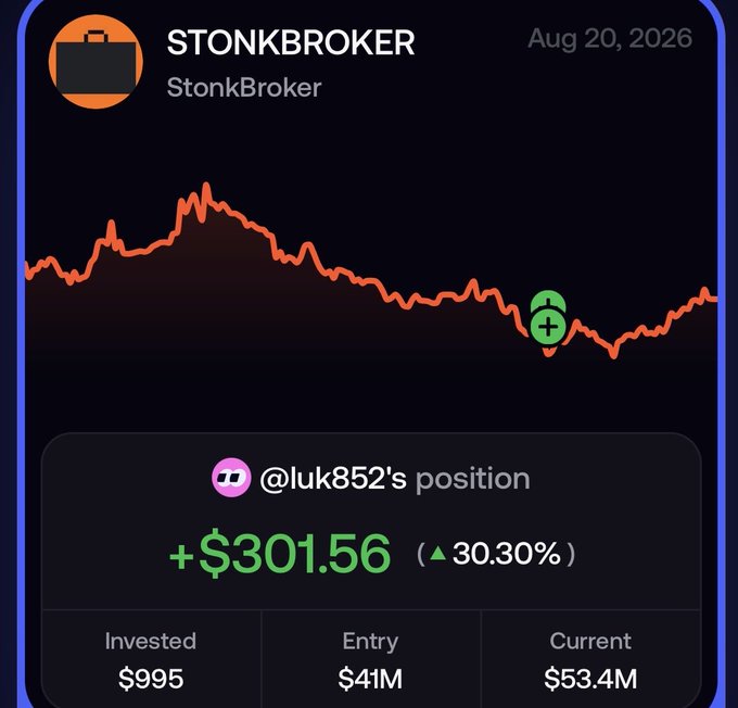 A StonkBroker chart for STONKBROKER dated Aug 20, 2026 shows an orange price line with a green buy (+) marker near a dip, while @luk852's position displays +$301.56 (▲30.30%) profit on $995 invested, with entry at $41M and current at $53.4M. The image illustrates the post's claim about profiting from a memecoin pump, with the green buy indicator marking the entry point near the dip that preceded the recovery rally.