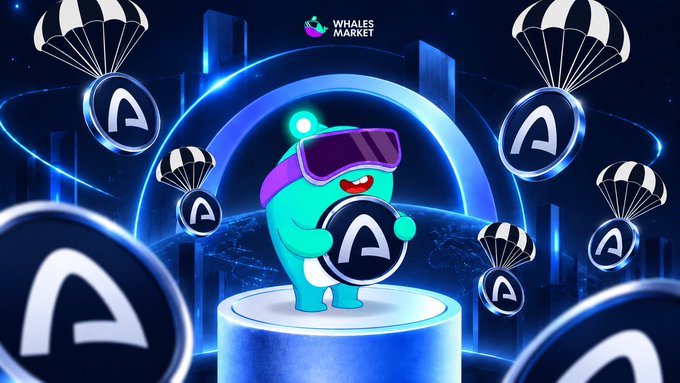 A promotional graphic for 'WHALES MARKET' featuring a teal cartoon mascot wearing a VR headset, holding a coin with an 'A' logo, surrounded by parachute-dropped tokens against a neon blue futuristic cityscape.