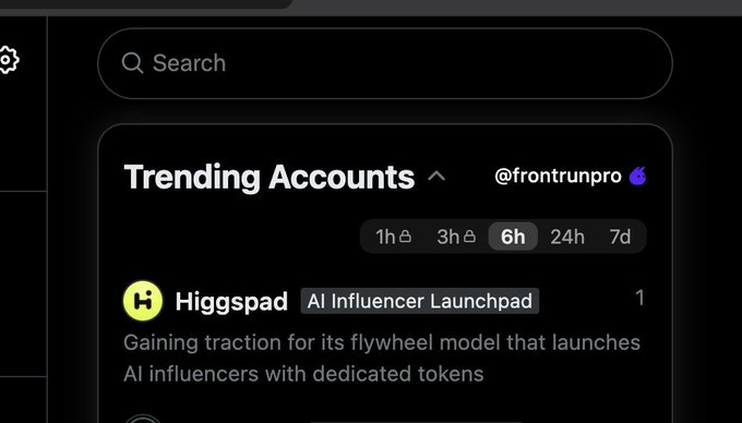 A dark-themed app interface showing "Trending Accounts" with the entry "Higgspad" tagged as "AI Influencer Launchpad," described as gaining traction for its flywheel model that launches AI influencers with dedicated tokens.