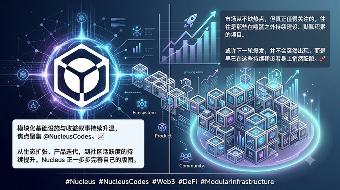 A promotional graphic for @NucleusCodes featuring a glowing hexagonal logo, blockchain/network visualization, and Chinese text highlighting modular infrastructure and ecosystem growth, with hashtags #Nucleus #NucleusCodes #Web3 #DeFi #ModularInfrastructure.