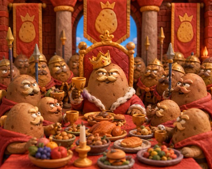 Stylized 3D illustration of anthropomorphic potato characters in medieval attire, featuring a crowned potato king sitting at a banquet table with food, surrounded by potato guards with spears and banners displaying the potato crest.