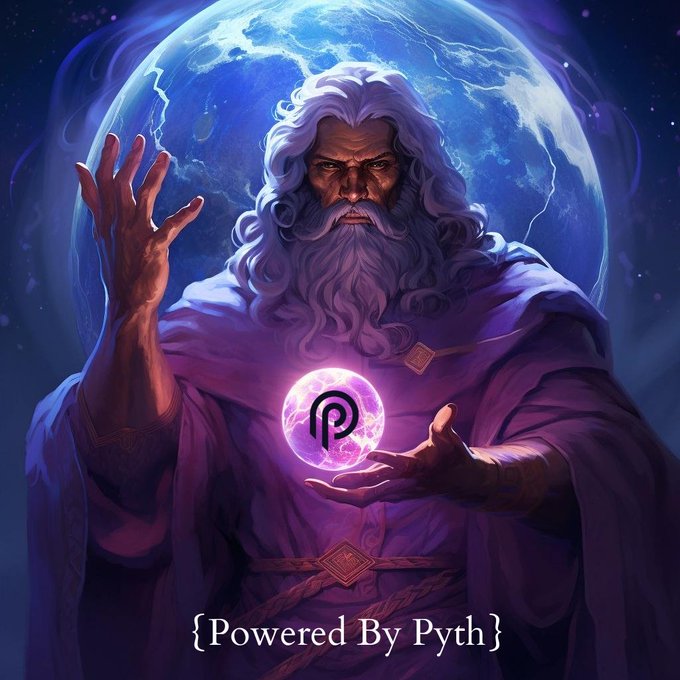 Digital artwork of a bearded wizard-like figure holding a glowing purple orb with the Pyth logo, set against a moonlit sky, with text reading '{Powered By Pyth}'.
