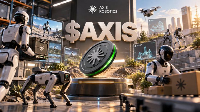 A futuristic promotional graphic for '$AXIS' featuring a large coin-like object surrounded by humanoid robots, a robotic dog, and drones, with the Axis Robotics logo visible.