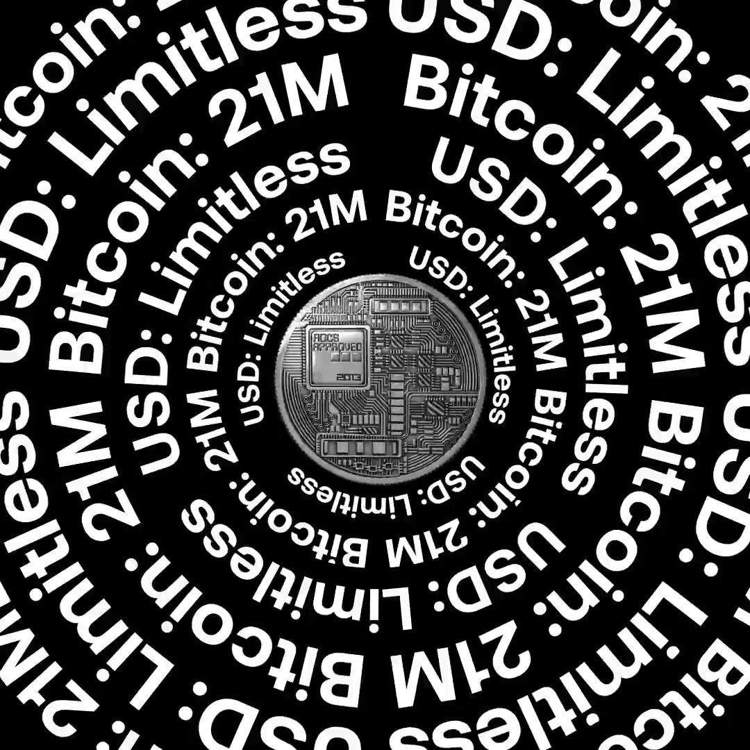 A black and white graphic featuring a circuit board design in the center, surrounded by a spiral of text repeating "Bitcoin: 21M" and "USD: Limitless".