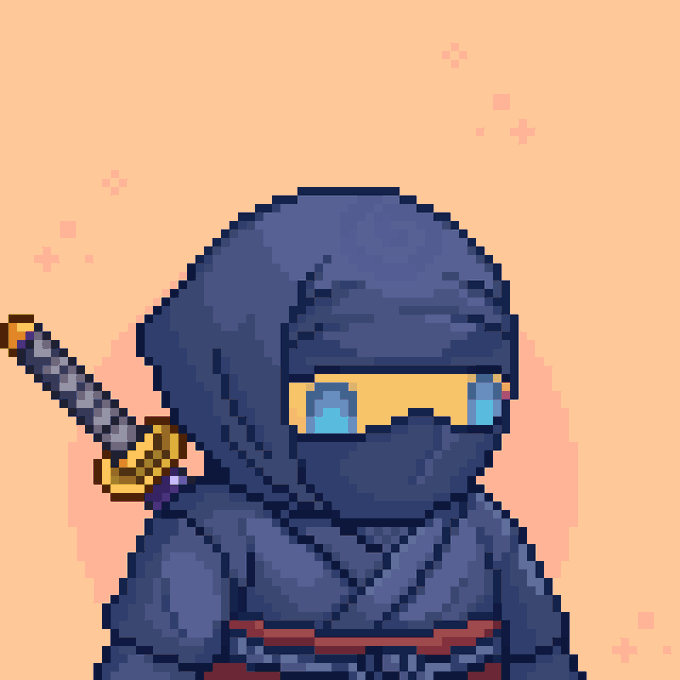 A pixel art illustration of a hooded ninja character with glowing blue eyes peering through a face slit, holding a sword hilt over their shoulder against a peach background.