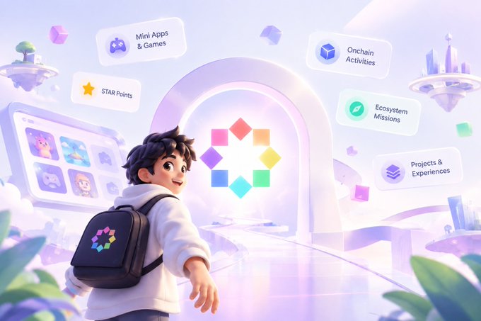 A promotional graphic featuring a cartoon boy with a backpack walking toward a glowing portal with a multicolored star logo, surrounded by floating UI elements advertising 'Mini Apps & Games', 'STAR Points', 'Onchain Activities', 'Ecosystem Missions', and 'Projects & Experiences'.