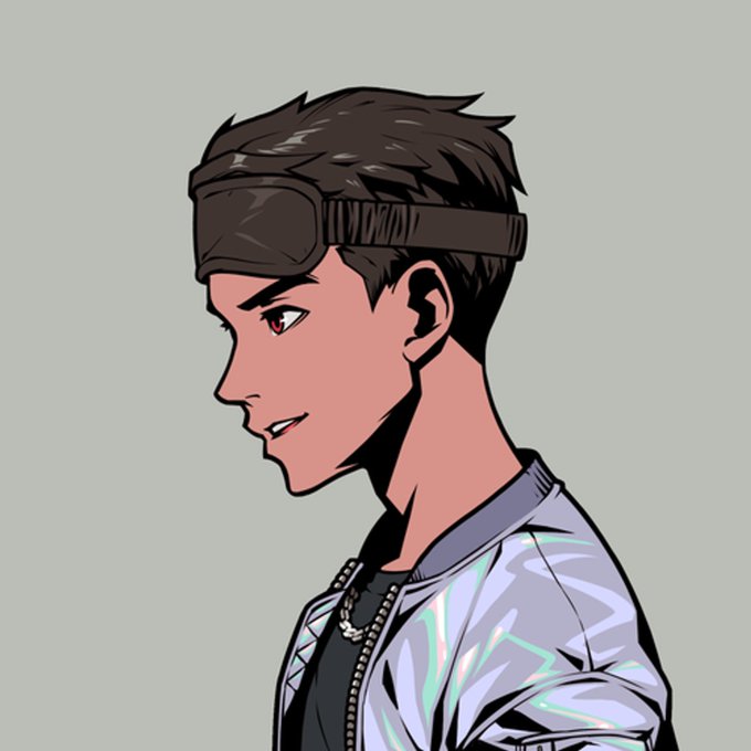 An illustrated side-profile portrait of a young man with dark hair, wearing a metallic headband, a silver chain necklace, and an iridescent jacket.