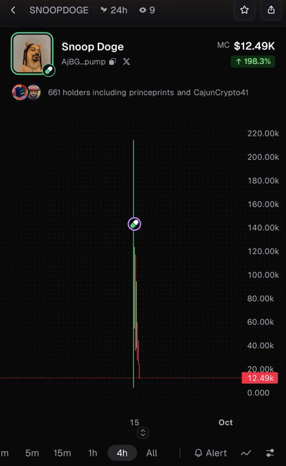 A mobile crypto tracking app screenshot showing a 'Snoop Doge' token ($SNOOPDOGE) with a market cap of $12.49K and a 198.3% increase over 24 hours.