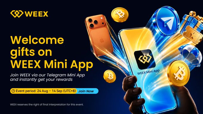 A WEEY promotional banner advertising "Welcome gifts on WEEX Mini App" from August 24 to September 14 (UTC+8), featuring the WEEX Mini App on a smartphone alongside iPhones, gold Bitcoin coins, a Telegram icon, and gift boxes, highlighting rewards like $2 and $10 trial funds for signing up and depositing, plus BTC airdrops up to $1,500 and an iPhone 17 Pro giveaway.