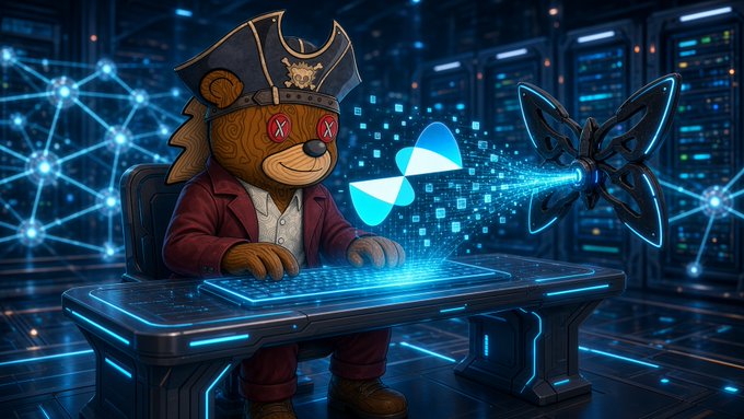 An illustrated teddy bear character wearing a pirate hat and red coat sits at a glowing blue console, with a blue alien-like emblem and digital butterflies projecting from data streams in a futuristic server room.