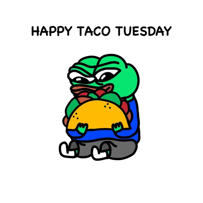 A cartoon illustration of Pepe the Frog wearing a blue shirt and grey pants while holding a taco, with the text 'HAPPY TACO TUESDAY' above it.