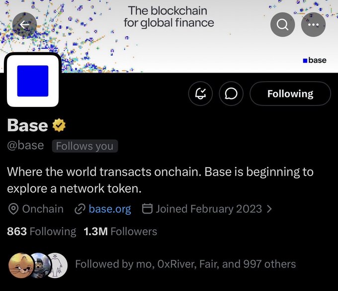 A Twitter/X profile page for "Base" (@base) with a verified checkmark, displaying the bio "Where the world transacts onchain. Base is beginning to explore a network token," along with 863 following, 1.3M followers, and the header "The blockchain for global finance."