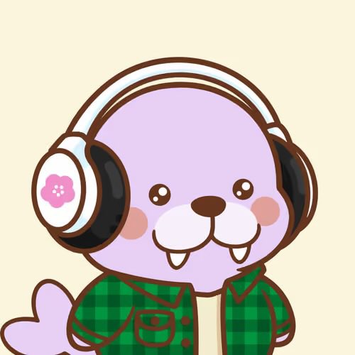 A cartoon illustration of a cute purple seal-like character wearing large white headphones and a green plaid shirt.