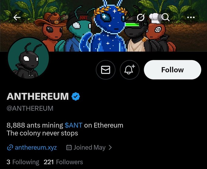 The image shows a social media post featuring an animated character named Antherum, who is mining for cryptocurrency called ANTHEREUM. The post includes text that says "Antherum mining $ANT token on Etherium". It also mentions that ANTHEREUM has been joined by 3 followers and that the character is currently mining ANTHEREUM at a rate of 888 ants per hour.