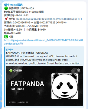 A Chinese-language crypto token profile for 'FATPANDA' on GMGN.AI, showing contract address, market cap around $207.0K, and a panda logo.