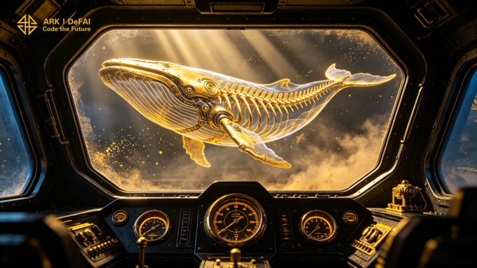 A golden mechanical whale soars through space outside a spacecraft window, symbolizing Arkie's adaptive AI evolution, with "ARK | DeFAI Code the Future" visible in the corner and illuminated cockpit dials below representing the ecosystem's intelligent automation driving users forward.