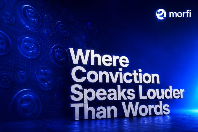 The image displays the tagline "Where Conviction Speaks Louder Than Words" in bold white 3D text against a deep blue background featuring raised spiral patterns, with the "morfi" logo in the upper right corner. This visual reinforces the post's message about Morfi Markets, emphasizing that the platform values backed opinions (where users stake money on their predictions) over empty online arguments.