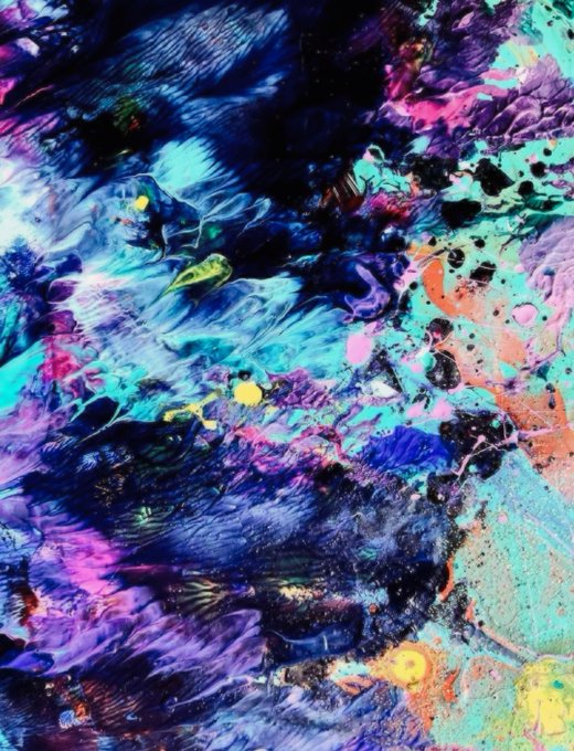 A vibrant abstract artwork featuring swirling patterns in blue, purple, teal, pink, and black with dynamic brushstrokes and splatter effects.
