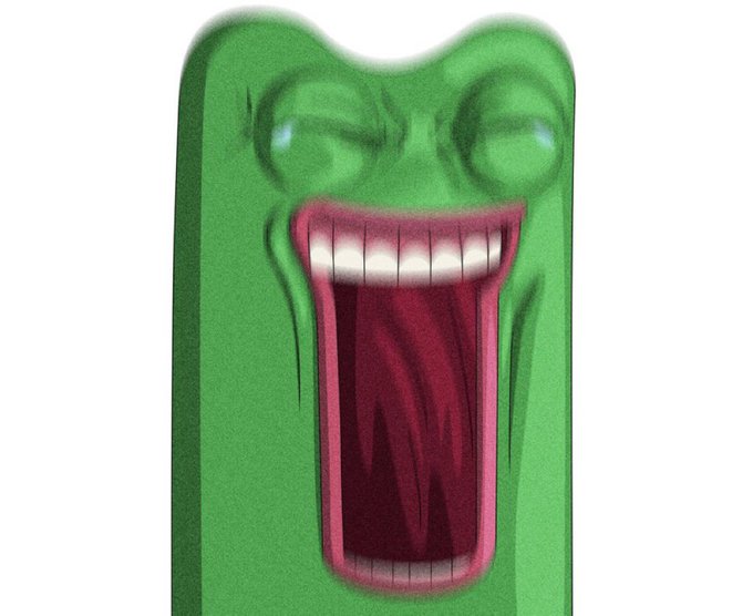 Cartoon-style illustration of a green, screaming creature with a wide open mouth showing teeth and tongue against a white background.