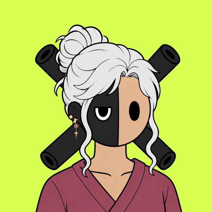 A digital illustration of a character with white hair styled in a bun, half of her face painted black, wearing a pink kimono and a cross earring, set against a lime green background.
