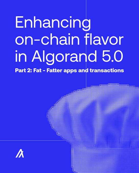 A blue promotional graphic with the text 'Enhancing on-chain flavor in Algorand 5.0' and subtitle 'Part 2: Fat - Fatter apps and transactions', featuring a stylized pixelated 'A' logo.