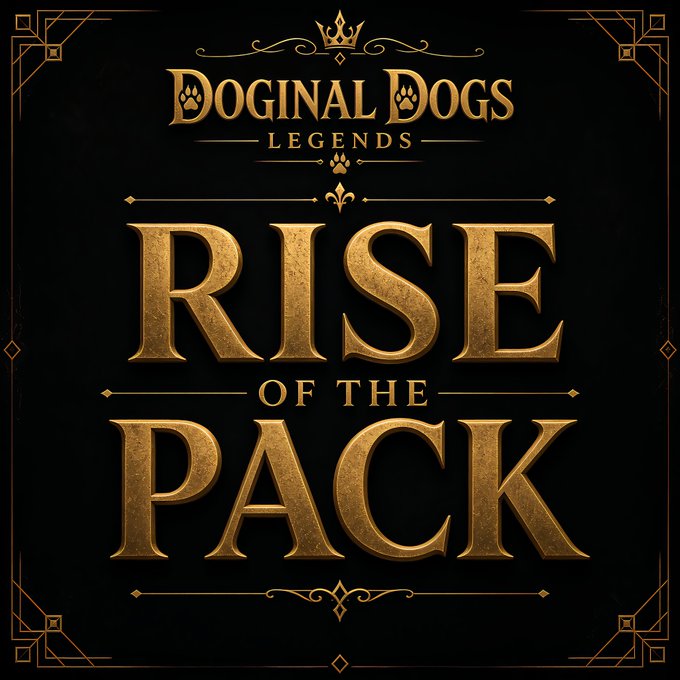 A black and gold decorative title graphic reading 'DOGINAL DOGS LEGENDS - RISE OF THE PACK' with crown and paw print motifs.
