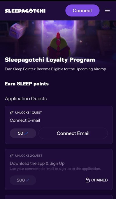 A mobile screenshot of the 'Sleepagotchi Loyalty Program' webpage showing quests to earn SLEEP points, including 'Connect E-mail' for 50 points and 'Download the app & Sign Up' for 500 points.