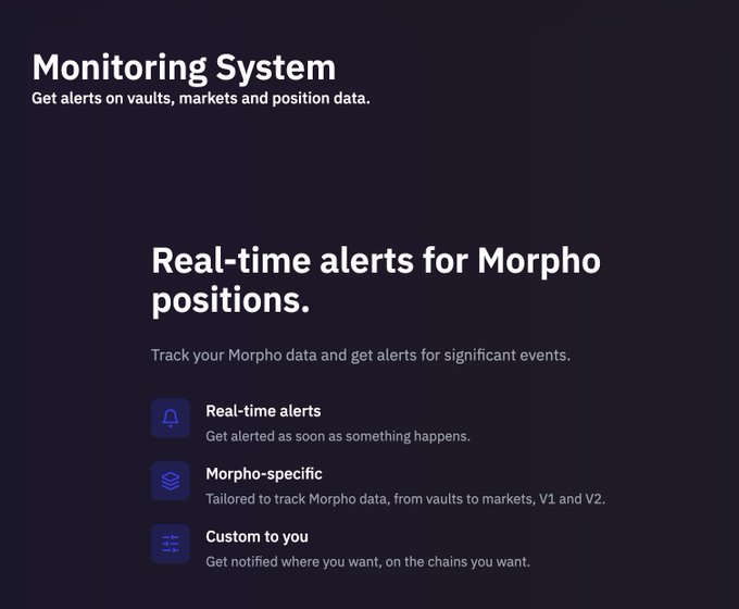A dark-themed web page titled 'Monitoring System' with text 'Real-time alerts for Morpho positions,' featuring features like Real-time alerts, Morpho-specific, and Custom to you.