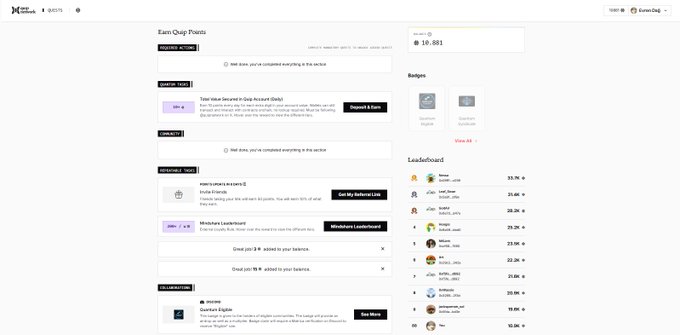 A web dashboard titled 'Earn Chip Points' shows a daily progress bar at 7%, a 'Quests' panel listing completed tasks like 'Link Discord', and a 'Leaderboard' on the right.