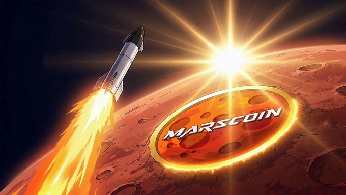 A vibrant digital illustration of a rocket launching from the surface of Mars, accompanied by a glowing 'MARSCOIN' logo emblem, symbolizing an upward, bullish trajectory.