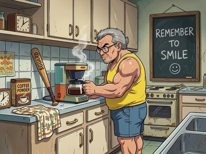 A cartoon illustration depicts a muscular older man with glasses and a yellow tank top making coffee in a kitchen, with a chalkboard on the wall reading "REMEMBER TO SMILE".