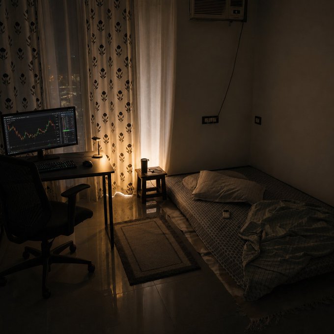 A dimly lit room featuring a computer monitor displaying trading charts, a desk setup, and a mattress on the floor with rumpled bedding—capturing the quiet, unglamorous reality of late-night hustling where, as the caption notes, "success isn't built by setup, but by routine."