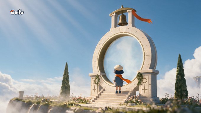 A young traveler in a blue cloak stands before a stone portal adorned with a bell and red banner, surrounded by flowers and cypress trees on a misty island. The "waifu.family" watermark in the corner ties the scene to the post's invitation, suggesting the portal is the gateway to "waifu.family," a new world waiting to be discovered.