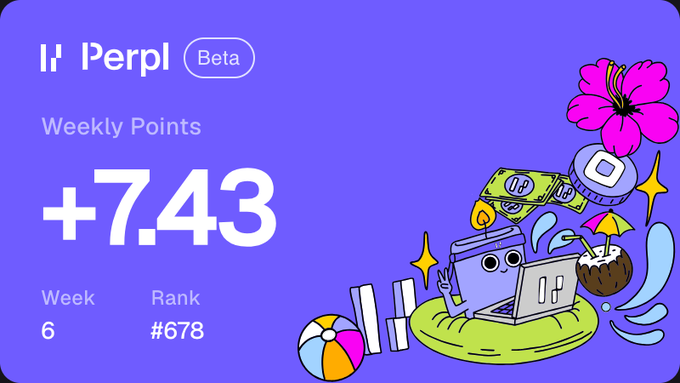 A purple 'Perpl Beta' card displaying 'Weekly Points +7.43' for Week 6 at Rank #678, decorated with an illustration of a character on a laptop floatie with a beach ball and tropical drinks.