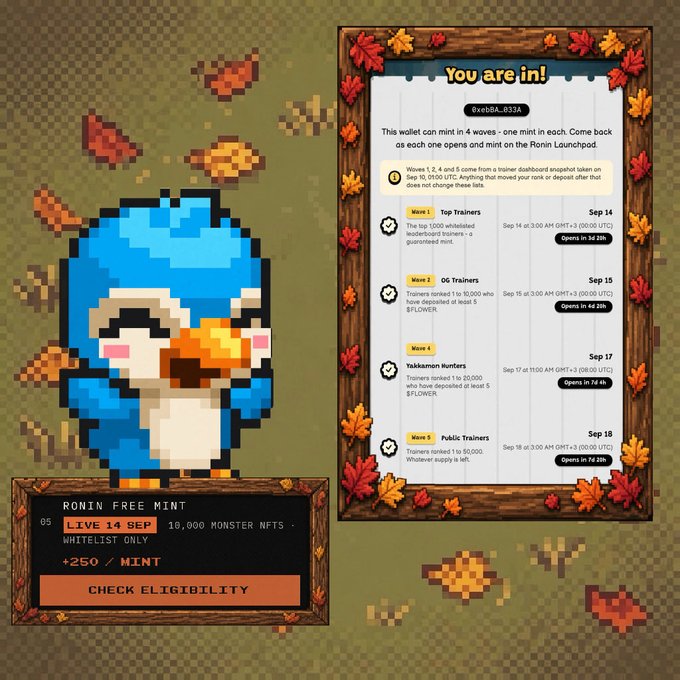 A pixel art interface for a "RONIN FREE MINT" NFT project showing a blue monster mascot and a dashboard titled "You are in!" with wallet "0xeb8A...0334" and wave eligibility details.