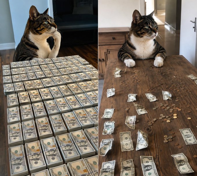 The image shows a side-by-side comparison of a cat with money on a table: on the left, the cat sits proudly behind neatly organized stacks of cash, while on the right, the same cat looks on as the bills lie scattered and torn across the table with coins in disarray. The visual contrast perfectly captures the post's message about disciplined investing versus careless speculation, humorously tied to the ticker "$hmm."