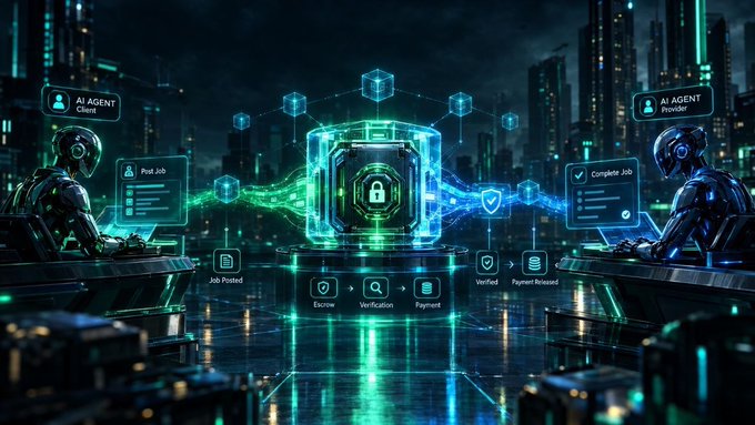 A futuristic digital illustration shows two robotic figures, labeled 'AI AGENT Client' and 'AI AGENT Provider,' with a central holographic cube depicting a workflow from 'Job Posted' through 'Escrow,' 'Verification,' and 'Payment' to 'Completed Job' and 'Payment Released.'